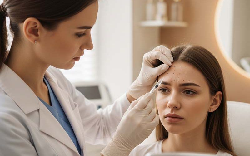 نمایش فرآیند تعیین نقاط دقیق برای تزریق بوتاکس در پیشانی و خطوط اخم