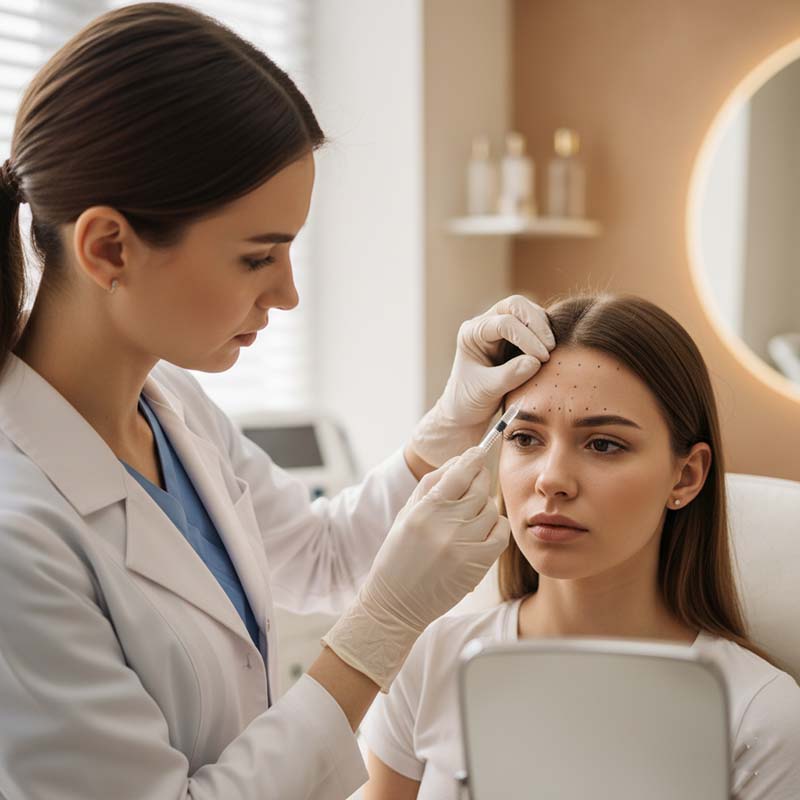 نمایش فرآیند تعیین نقاط دقیق برای تزریق بوتاکس در پیشانی و خطوط اخم